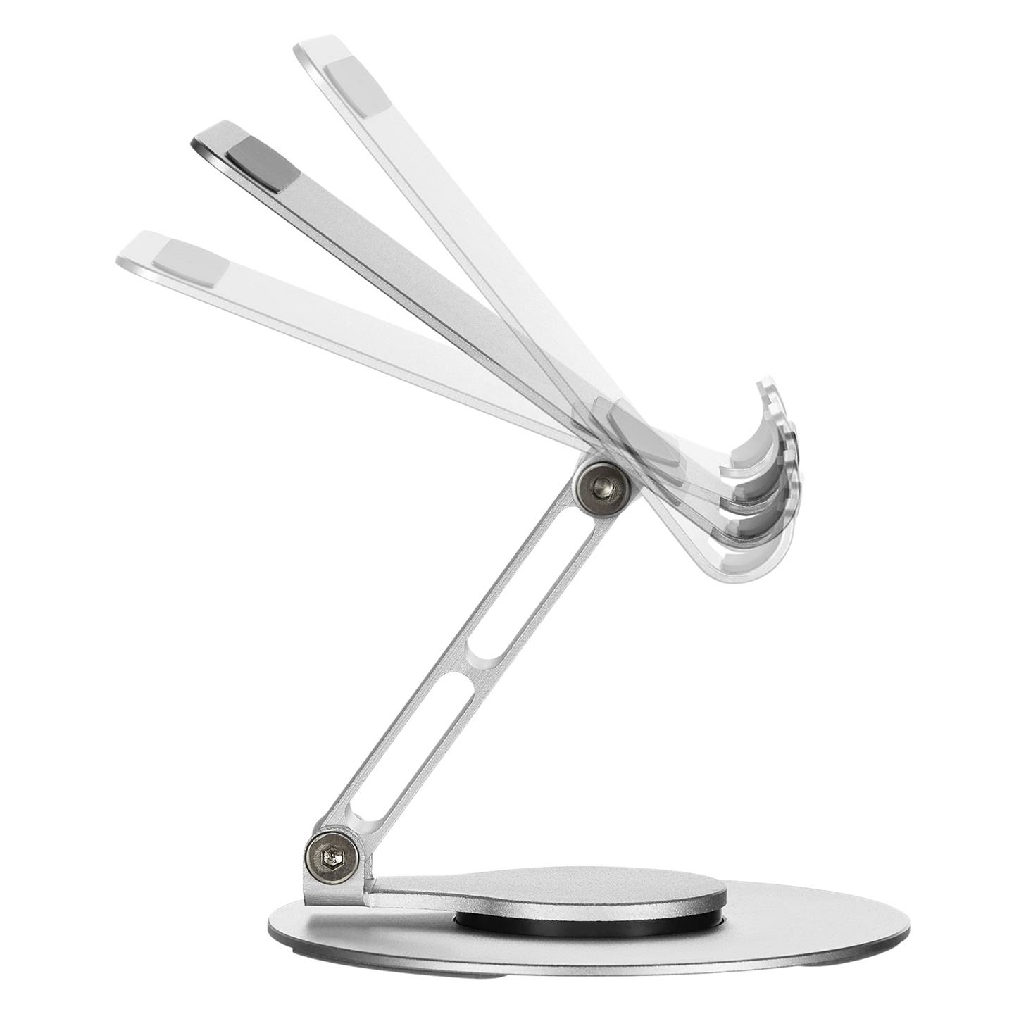 Support de tablette réglable en argent montrant plusieurs angles d'inclinaison, adapté pour une utilisation stable et flexible sur les tables.