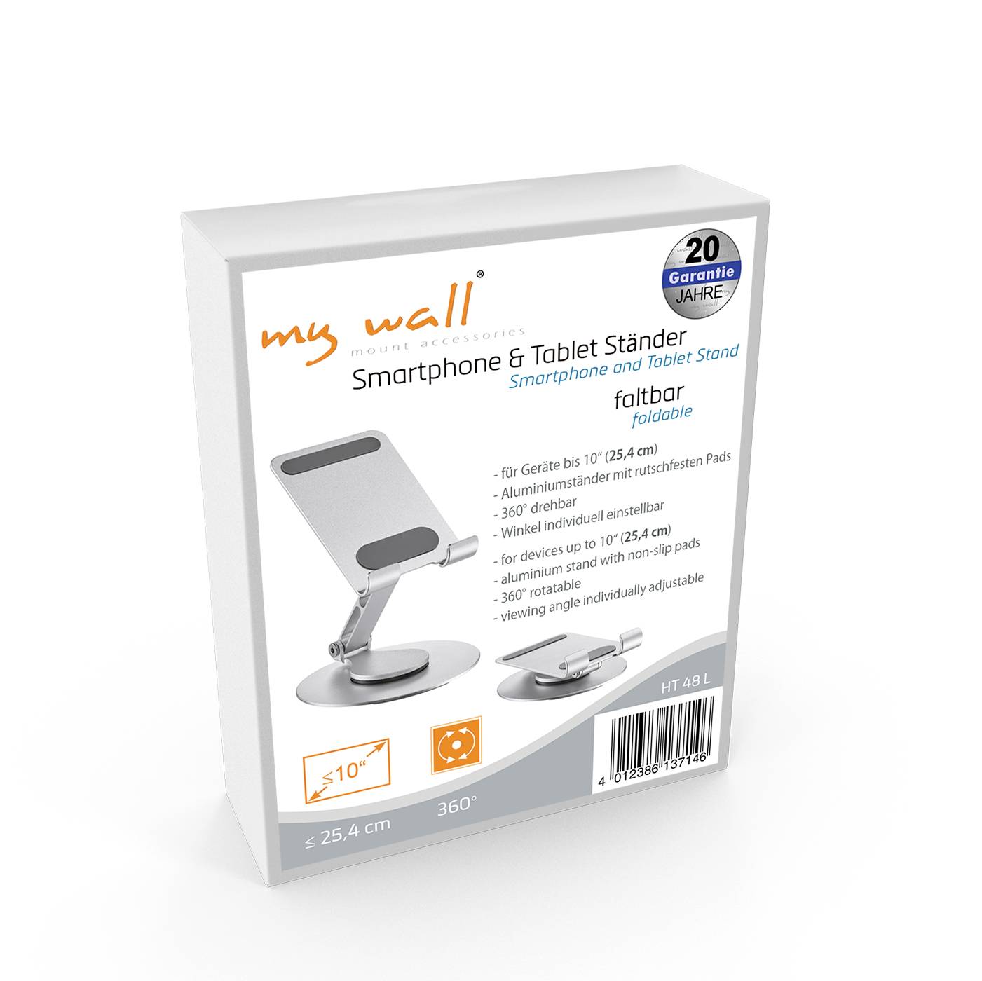 Support de tablette et de smartphone, marqué 'my wall'. Pour appareils jusqu'à 10 pouces. Caractéristiques : pliable, pivotant jusqu'à 360 degrés. 20 ans de garantie.