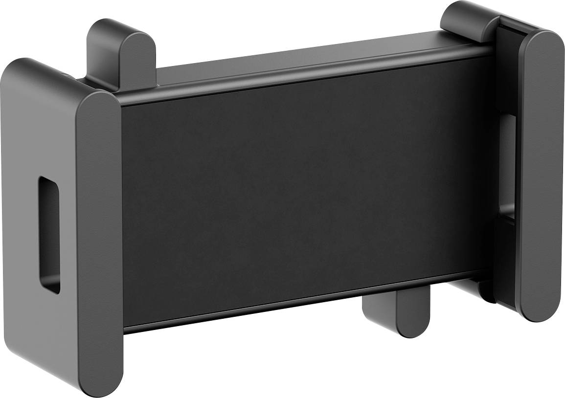 Support de smartphone noir en plastique à côtés ajustables, adapté pour une fixation sur différentes surfaces ou dans un véhicule.