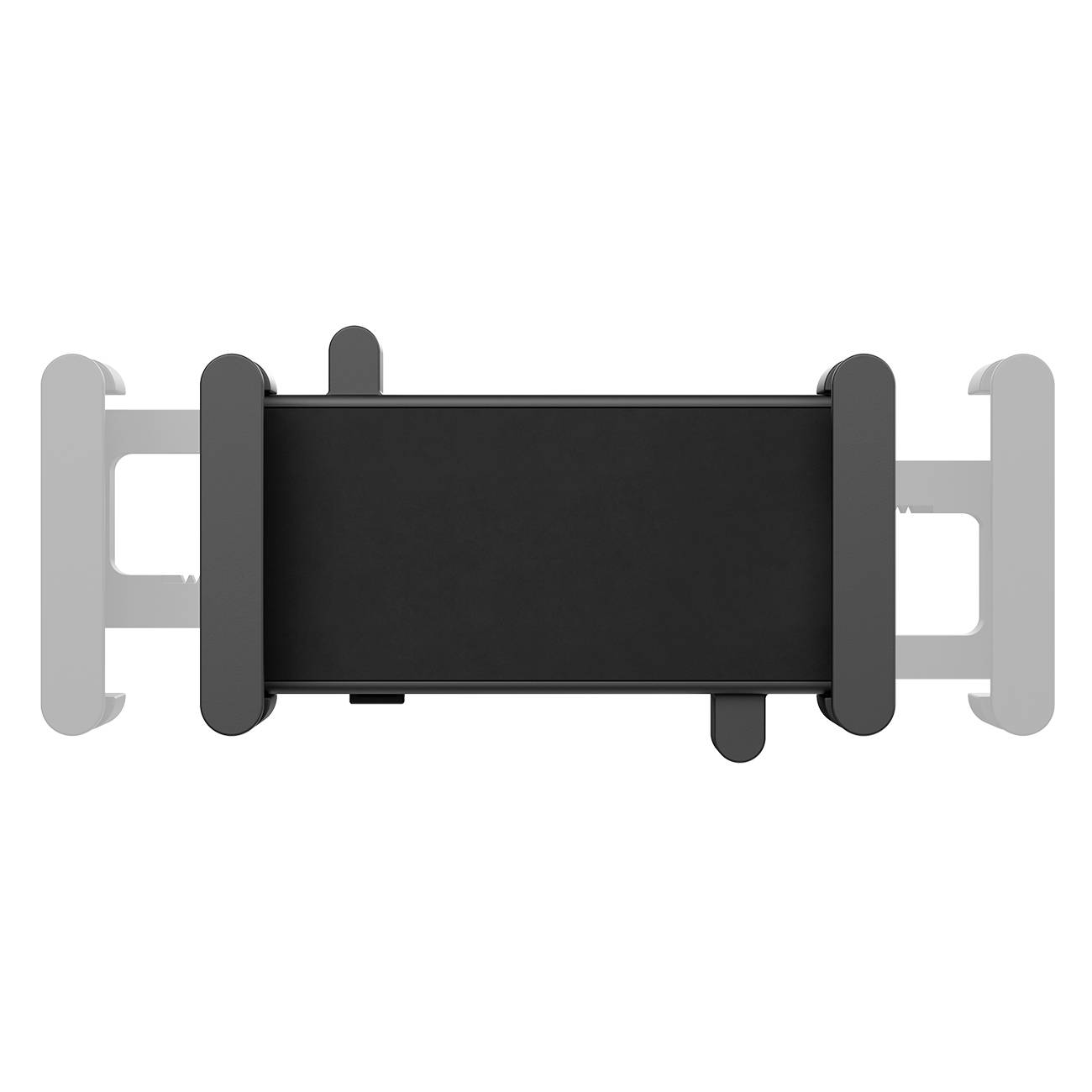 Support de téléphone noir avec des bras de serrage gris pour fixation sur une grille de ventilation de voiture. Adapté à différentes tailles de smartphones.