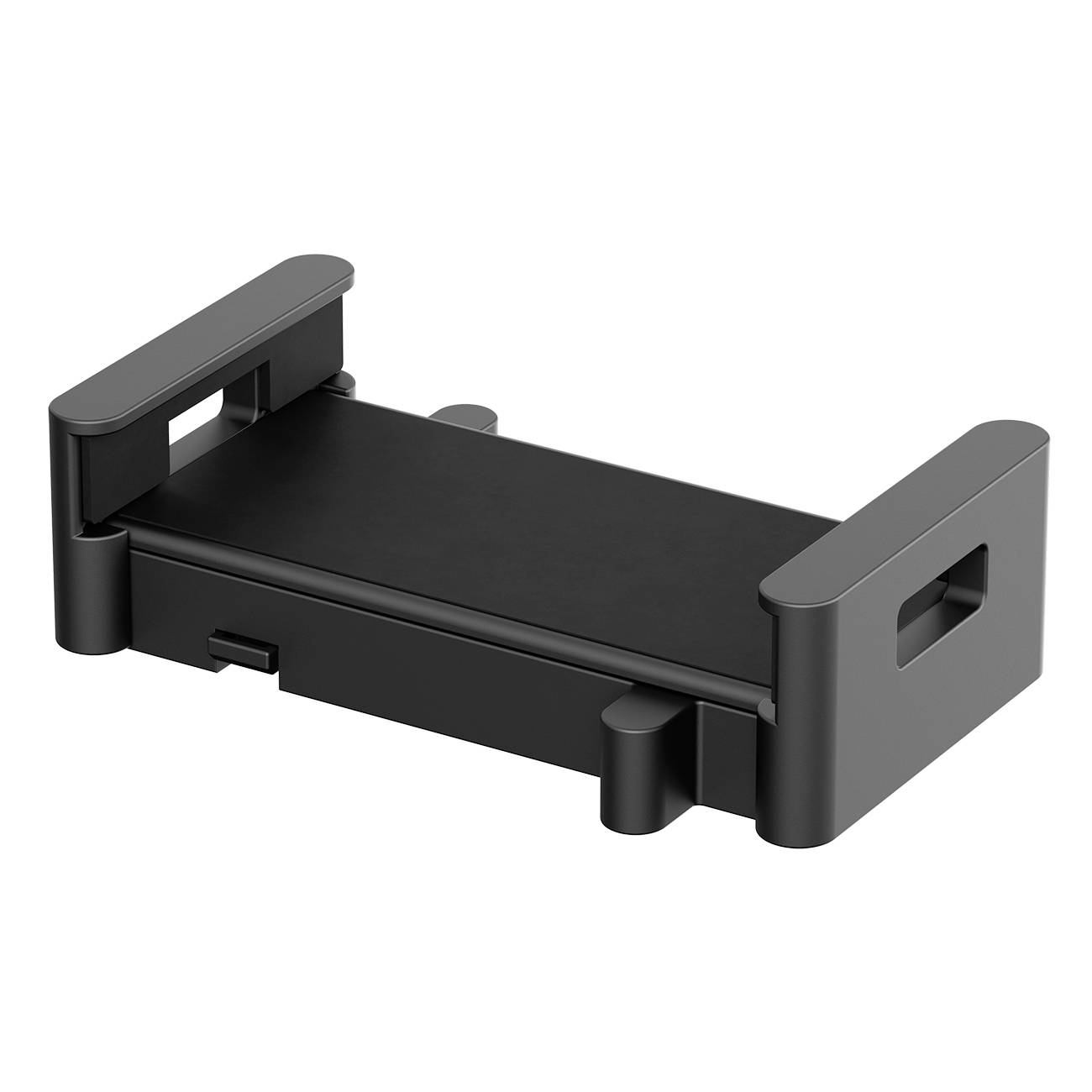 Support de smartphone noir en plastique avec des bras latéraux ajustables, adapté pour fixer un appareil sur une surface plane.