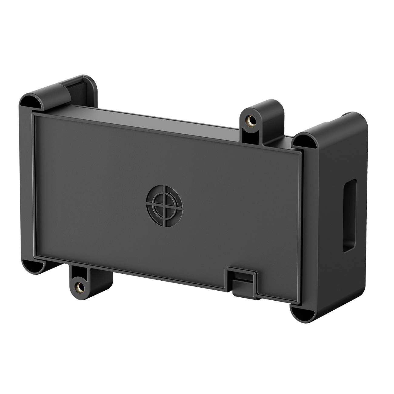Support en plastique noir rectangulaire aux bords arrondis, comportant cinq trous de montage pour vis, avec un symbole cible circulaire au centre.