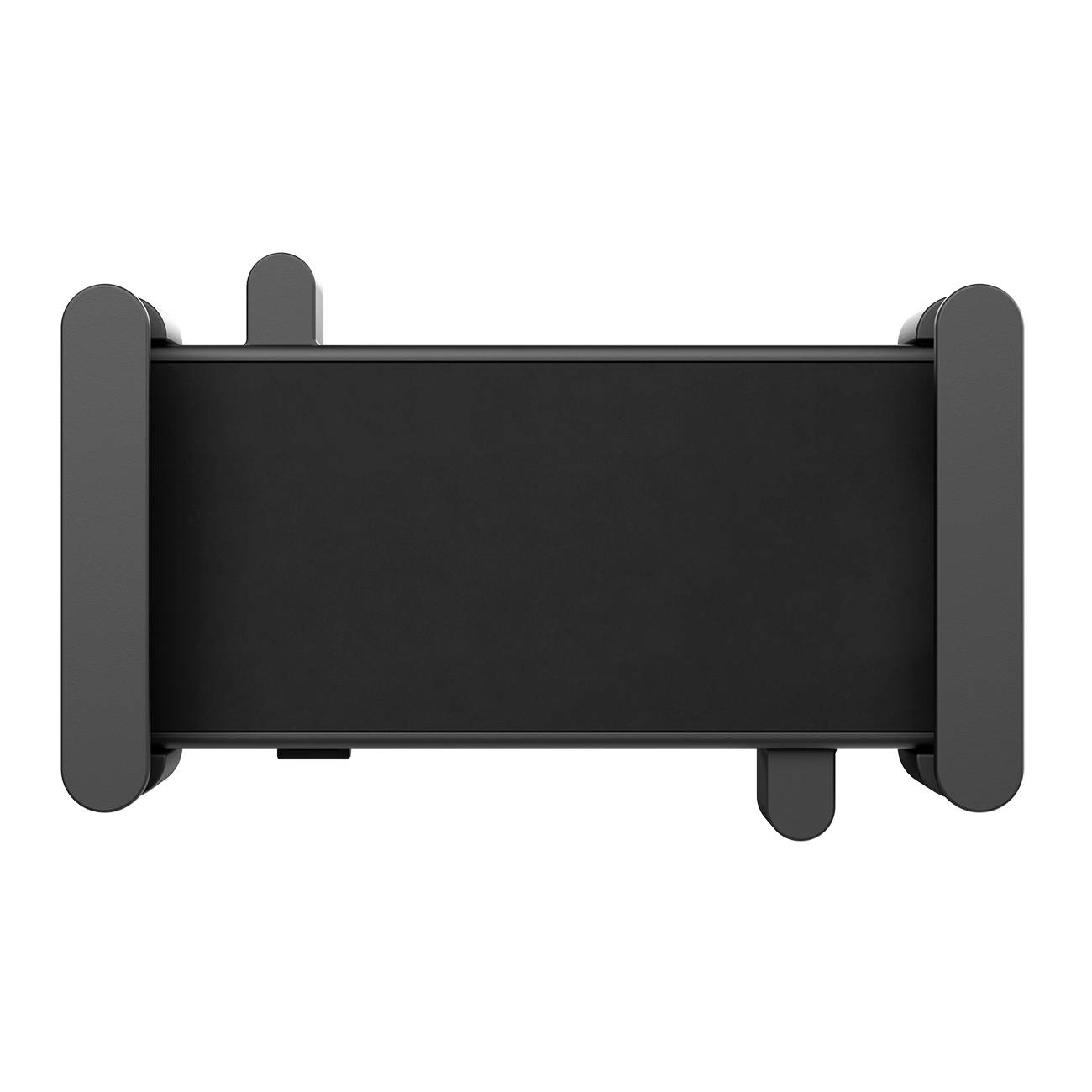 Un rectangle noir et plat est entouré de quatre supports gris et ressemble à un support sécurisé pour un appareil électronique.