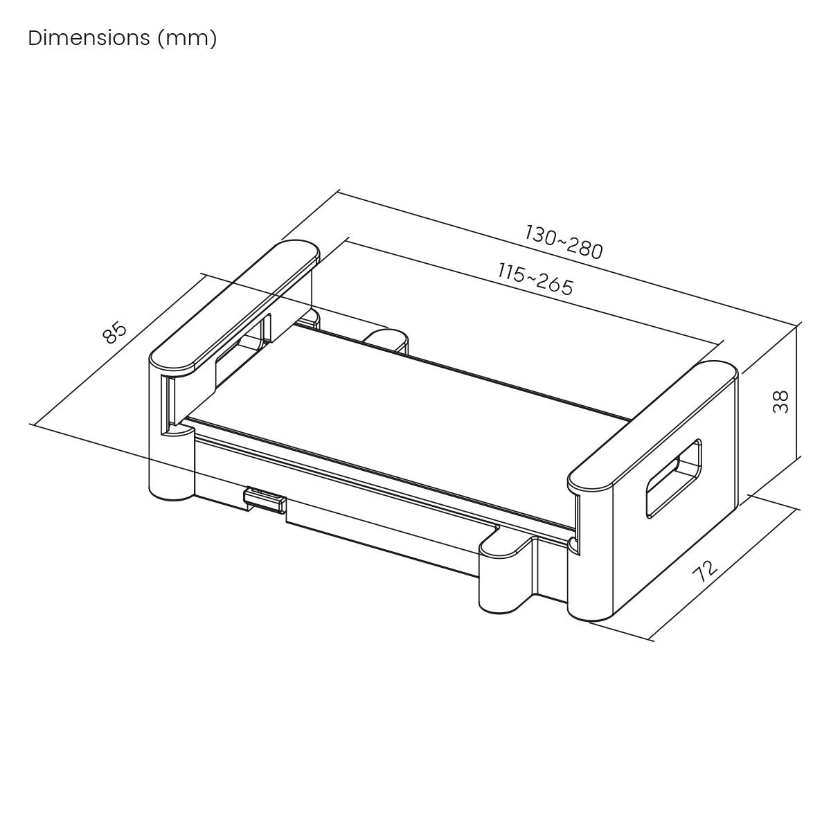 Schéma d'une étagère extensible avec dimensions en millimètres : Largeur 130-280, Profondeur 72, Hauteur 38, Profondeur de l'étagère réglable de 115-265.