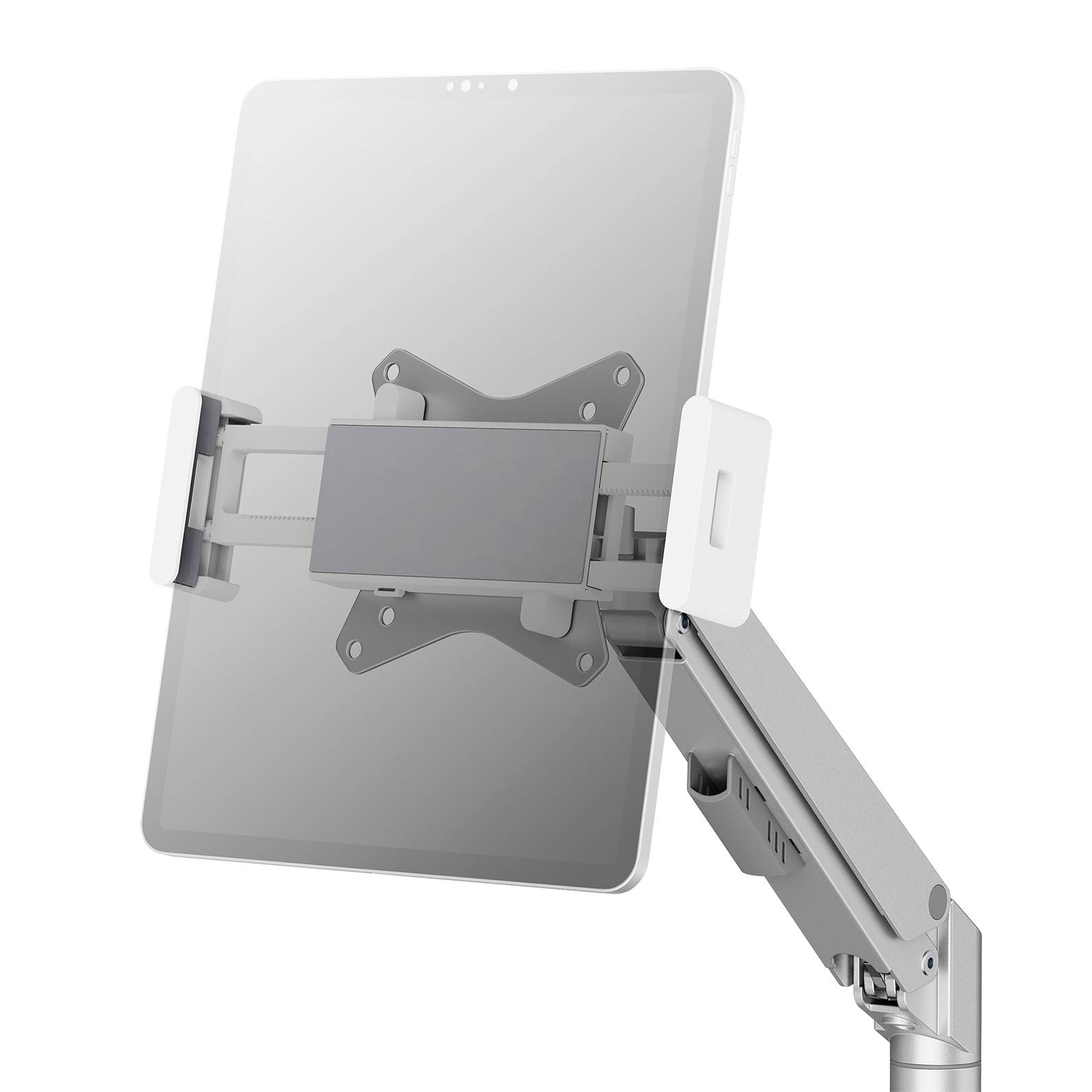Un support de table argenté maintient une grande tablette en position verticale. Le support est pivotant et réglable avec flexibilité.