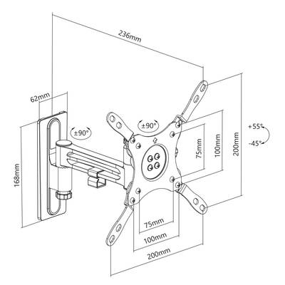 Support mural pour moniteur avec bras ajustable. Dimensions : 236 mm de largeur, 168 mm de hauteur. Angle d'inclinaison : +55 à -45 degrés. Rayon de rotation : +/- 90 degrés.