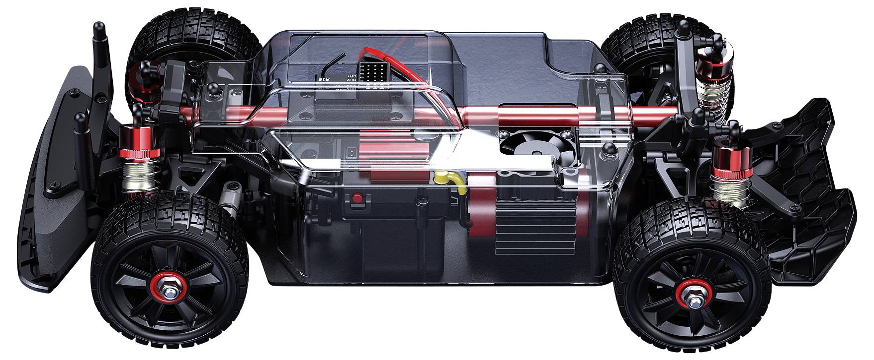 Illustration d'une voiture miniature transparente révélant sa structure interne, comprenant le moteur, la suspension et les câbles électriques.