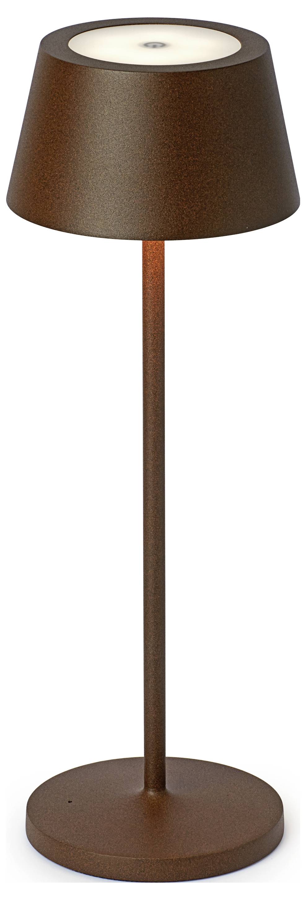 La lampe sur pied présente un design moderne, composée de métal brun avec un abat-jour cylindrique et un socle rond.