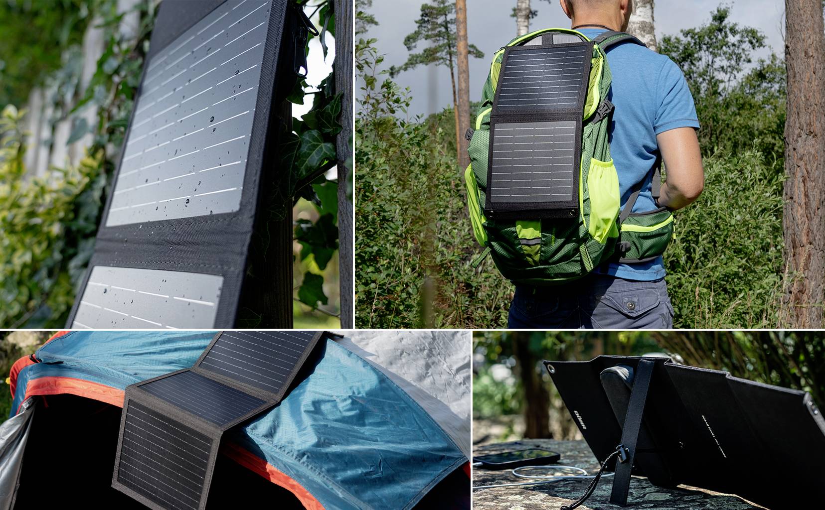 'Collage de chargeurs solaires en action : sur un arbre, sur un sac à dos, sur une tente et sur une pierre, pendant une randonnée.'
