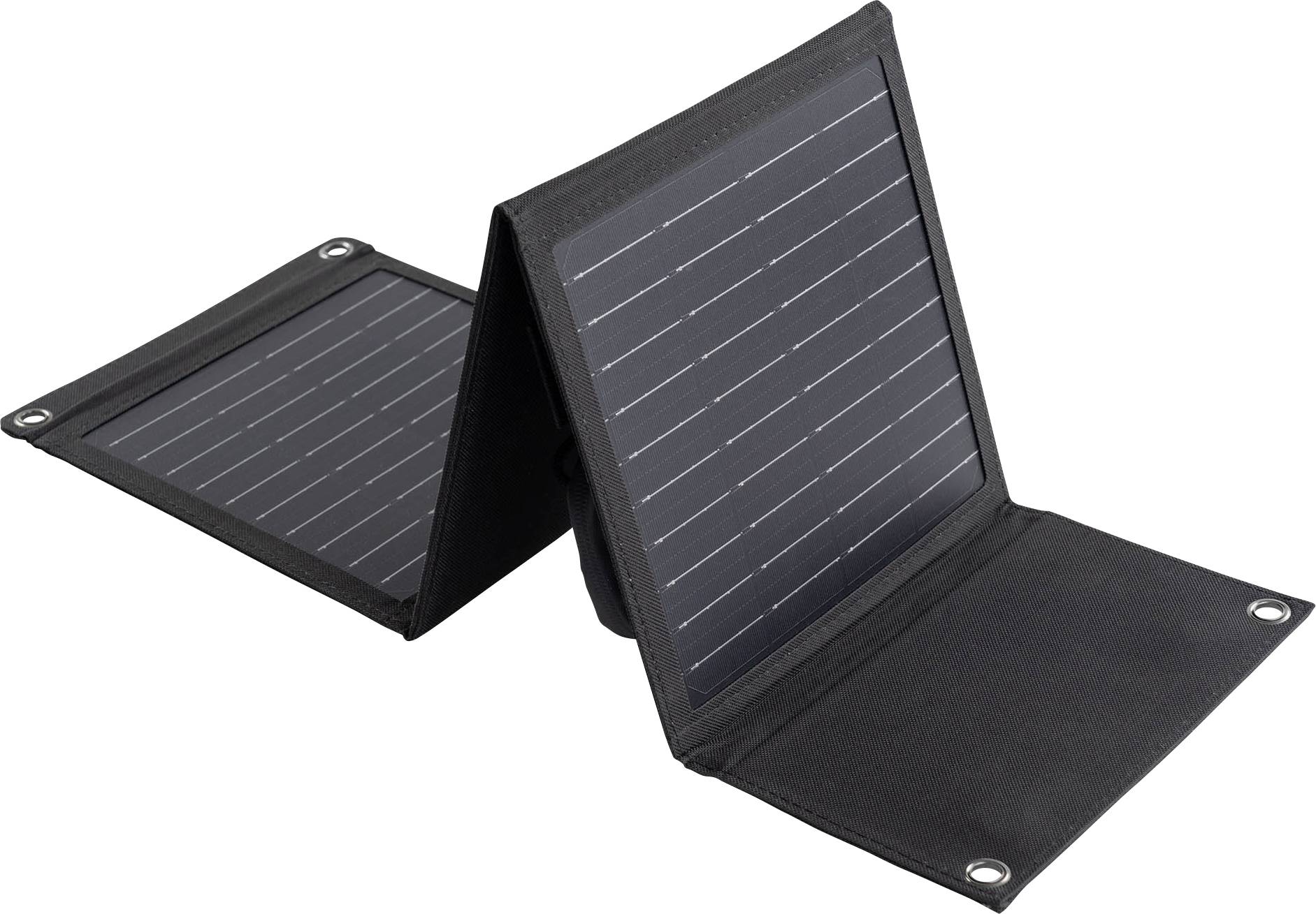 Chargeur solaire portable à deux panneaux solaires pliables dans un boîtier noir, adapté pour recharger des appareils électroniques en déplacement.