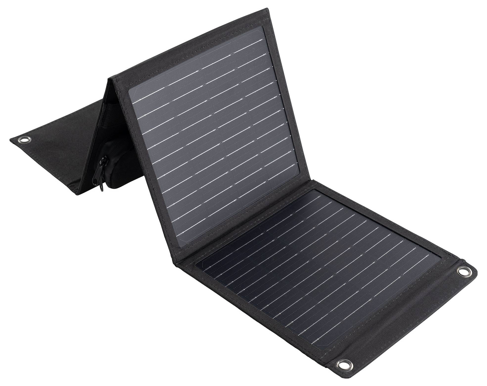 Panneau solaire pliable avec deux panneaux noirs en position ouverte. Le design permet un transport facile pour les activités de plein air.