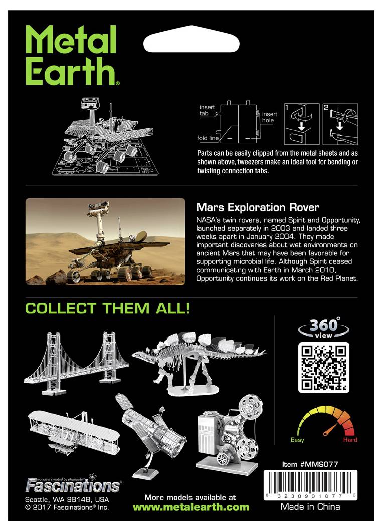 Emballage de 'Metal Earth' présentant des modèles 3D en métal à assembler, incluant un rover Mars de la NASA. Brève information sur le Mars Exploration Rover. Instructions et code QR fournis.