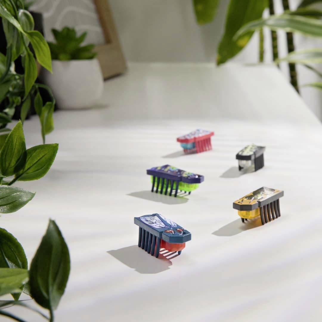 Des objets multicolores avec des poils ressemblant à de petites brosses sont disposés sur une table blanche, entourés de plantes.