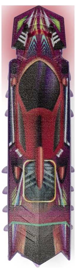Design futuriste et coloré d'un véhicule de course hypothétique à orientation verticale, avec des nuances de violet, de rouge et de vert.