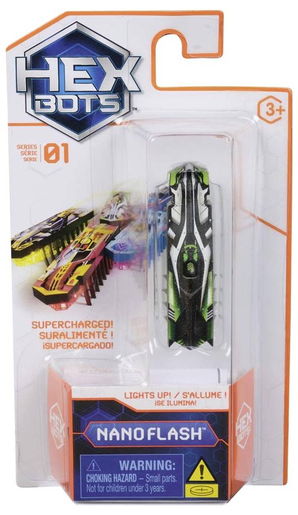 Emballage d'une série de jouets appelée 'Hex Bots' Série 01, présentant un petit véhicule allongé. Âge recommandé : à partir de 3 ans.