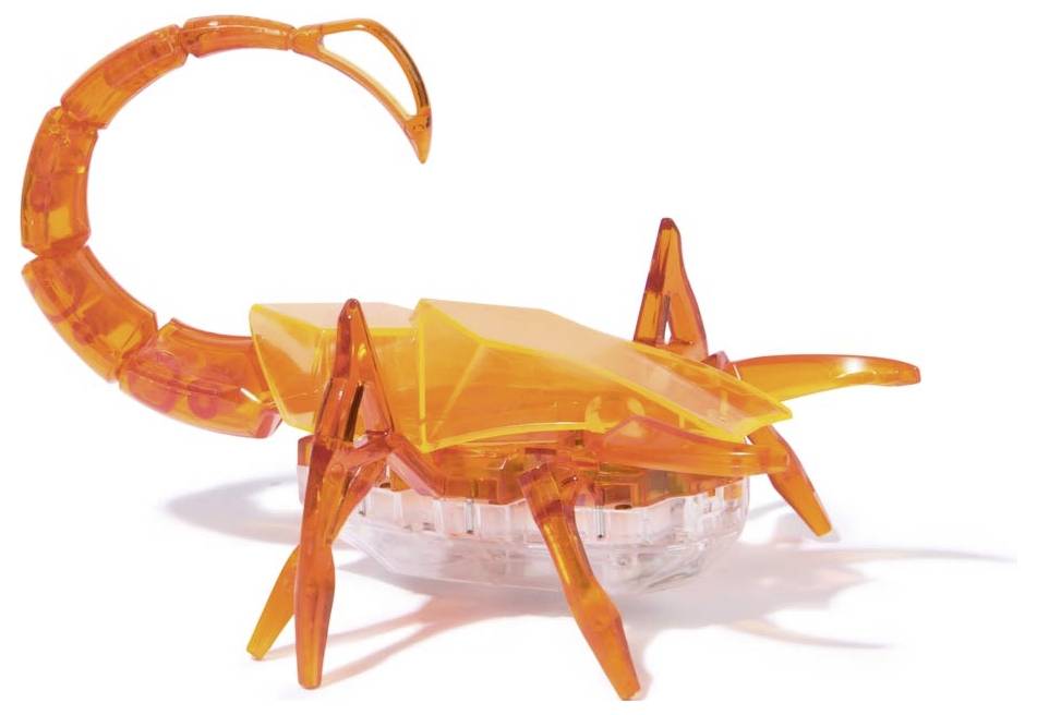 Un scorpion-robot translucide orange vif, doté d'une queue et de pattes articulées.