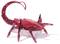 Un scorpion mécanique rouge, transparent, avec des articulations mobiles, est posé sur une surface lisse.