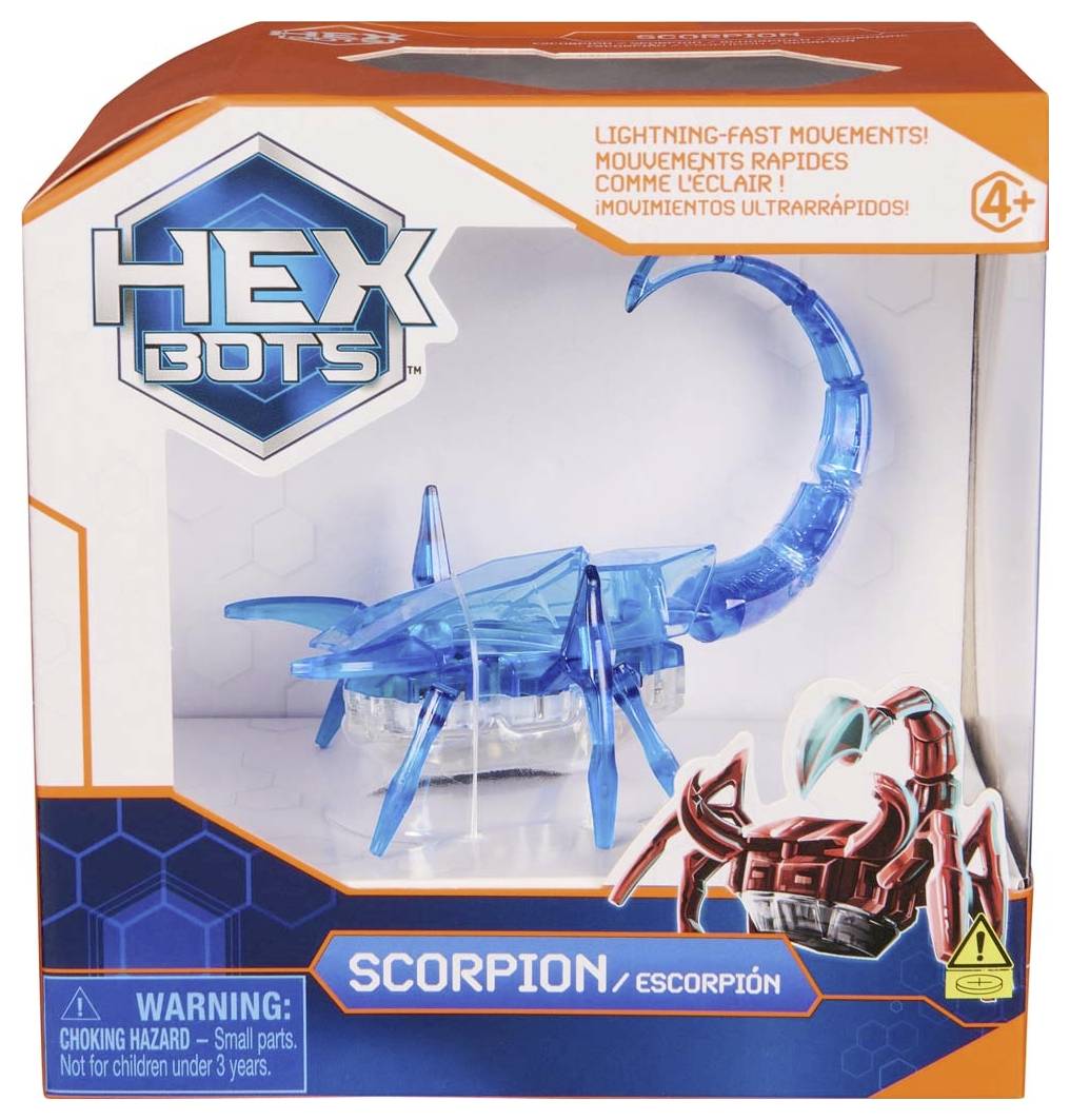 Emballage d'un scorpion jouet nommé 'Scorpion' par Hex Bots. Figurine de scorpion bleue avec des parties mobiles, à partir de 4 ans.