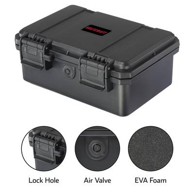 Coffret de rangement noir, robuste, équipé de fermetures, d'une valve d'aération et d'une garniture en mousse EVA. Adapté pour le transport et le stockage en toute sécurité.