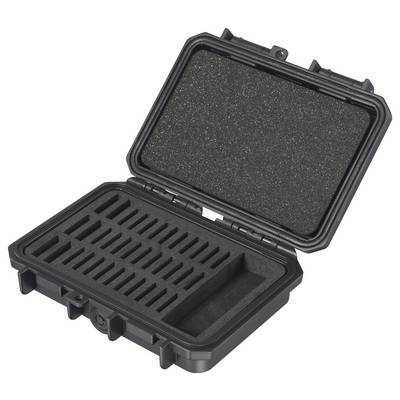 Un étui de protection noir ouvert, doublé de mousse, présente des compartiments pour le rangement sécurisé d'outils ou d'équipements.