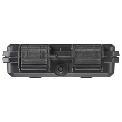 Étui rigide noir avec des fermetures robustes et un bouton central, adapté pour le transport sécurisé d'objets fragiles.
