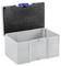 Une boîte de rangement en plastique gris ouvert avec un couvercle doublé de mousse noire et un loquet bleu, conçue pour stocker et transporter les articles en toute sécurité.
