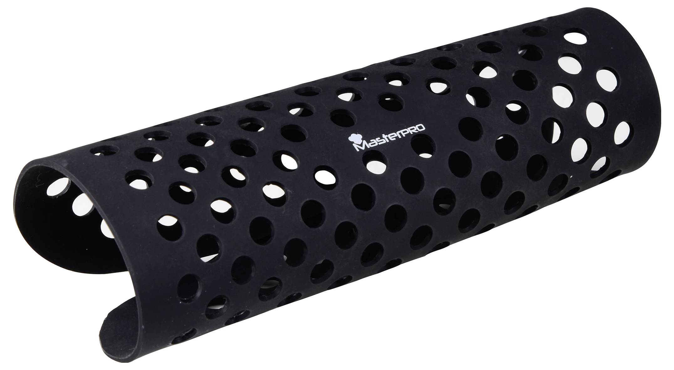 Un stabilisateur de rouleau en silicone noir avec des trous, portant l'inscription « Masterpro ».