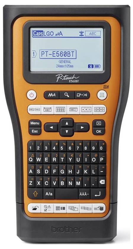 Imprimante d'étiquettes portable avec boîtier ergonomique orange. Grand écran affichant 'PT-E560BT'. Clavier en bas avec touches de navigation.