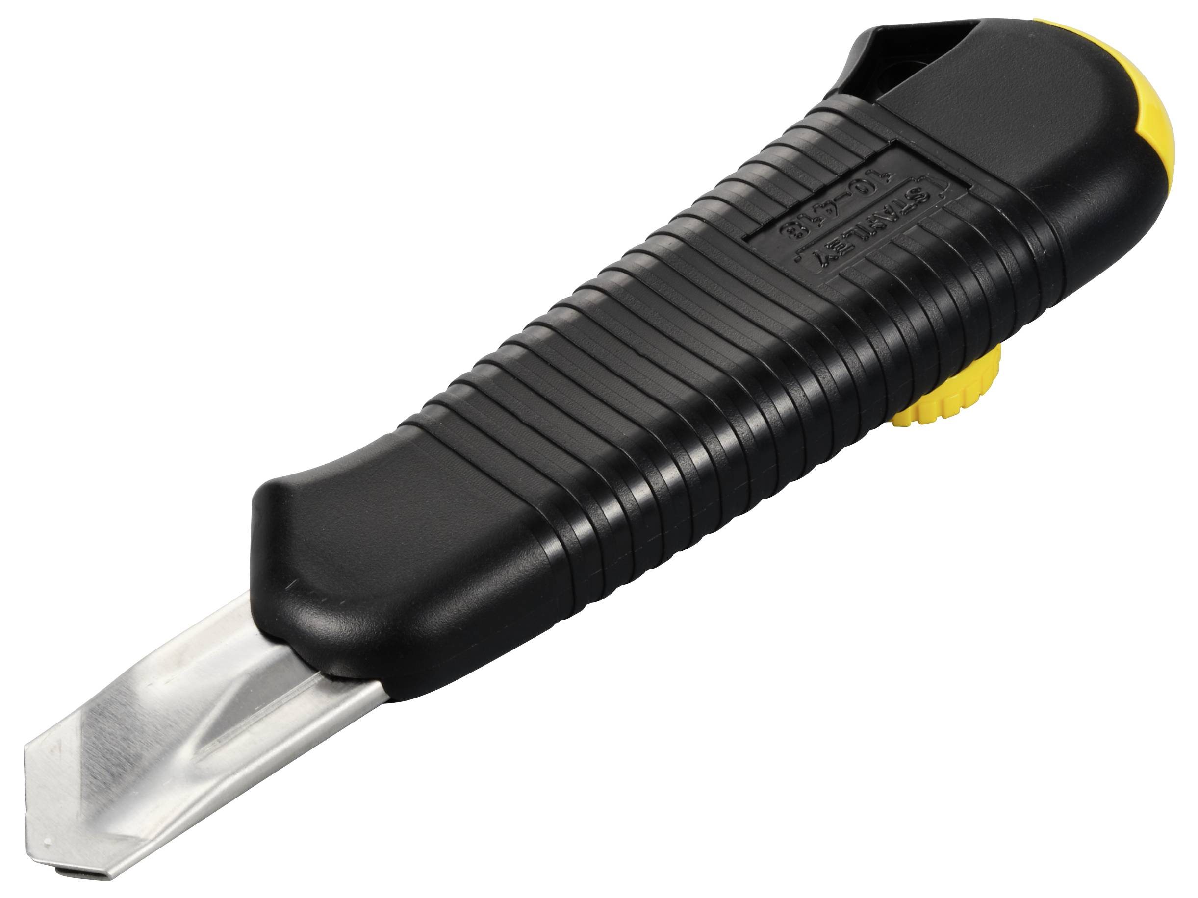 Couteau de sécurité noir avec détail jaune et lame rétractable, adapté aux travaux de coupe précis.