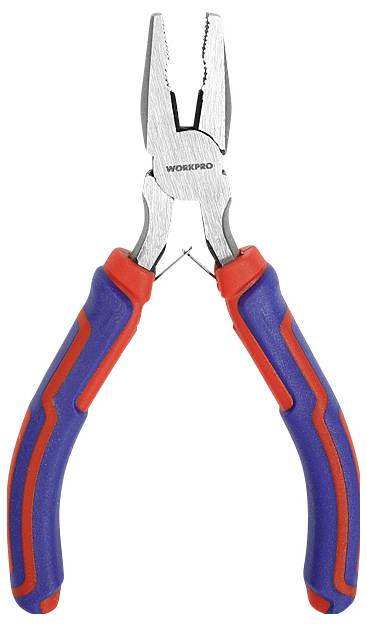 Une pince multifonction avec des poignées bleues et rouges, probablement destinée à des travaux manuels.