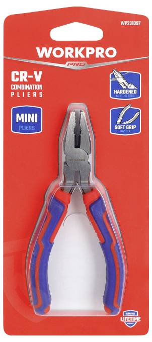 Pince de la marque 'Workpro', modèle CR-V, avec mâchoires durcies et poignée ergonomique, emballée sur un carton rouge avec des détails bleus et rouges.