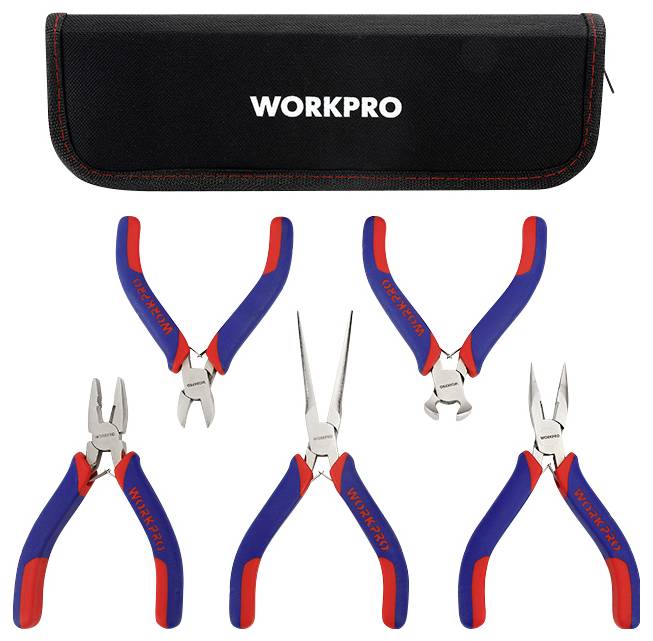 Ensemble de cinq pinces bleues et rouges devant un sac noir portant l'inscription « WORKPRO ».