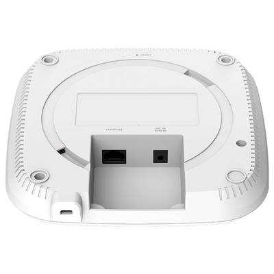 Le dessous d'un point d'accès Wi-Fi blanc avec bouton de réinitialisation et connexions pour LAN et câble d'alimentation.