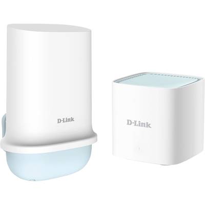 Deux appareils blancs D-Link côte à côte : à gauche un routeur Wi-Fi aux formes arrondies, à droite un hub domotique carré.