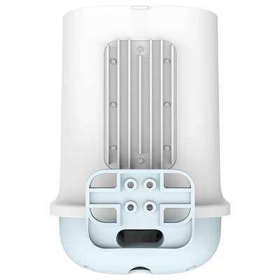 Un récipient blanc, cylindrique, avec une base bleue et un insert vertical rainuré en argent. Adapté pour les appareils électroménagers.
