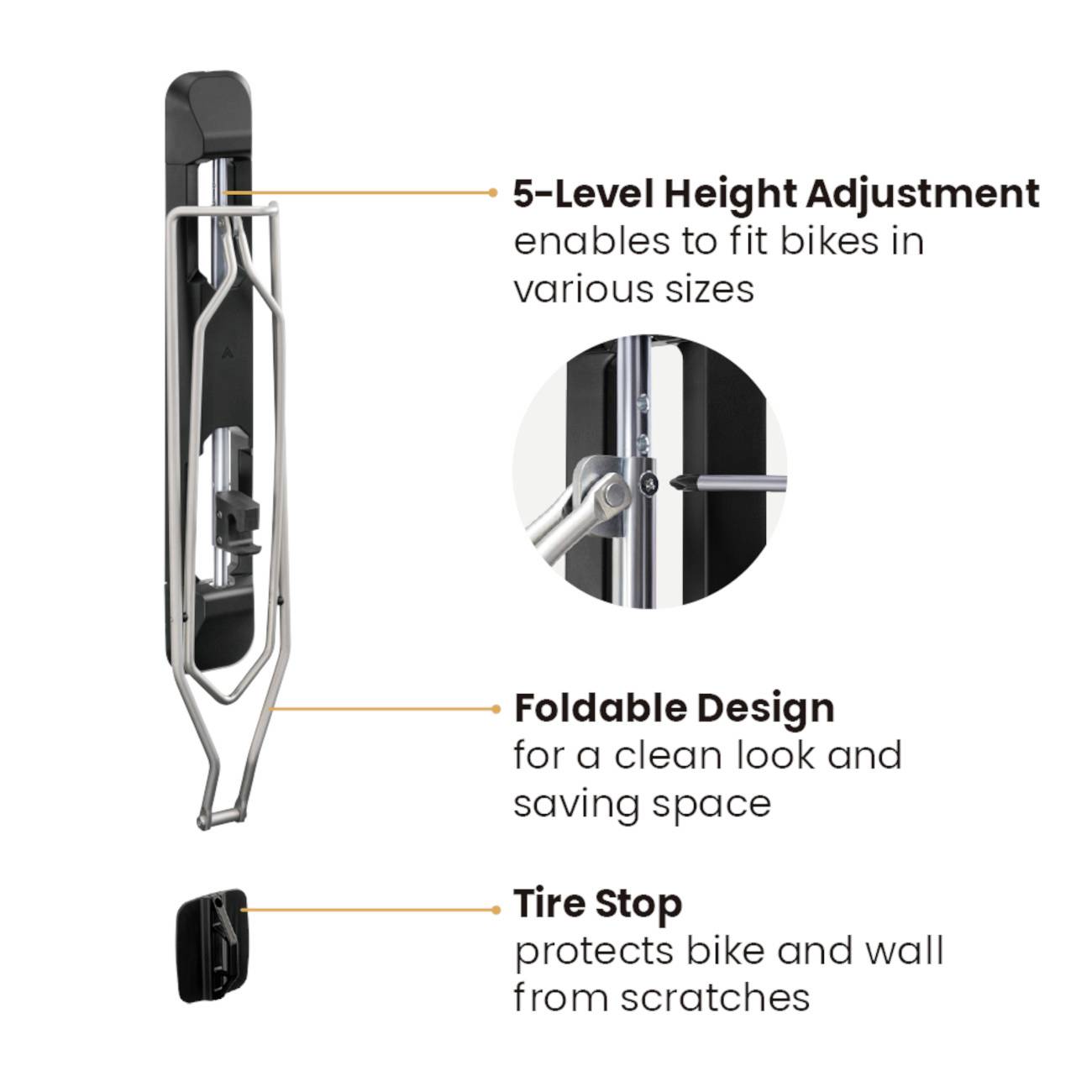 'Support de vélo avec réglage de hauteur en 5 positions, design pliable et butée de pneu pour éviter les rayures, gain de place.'