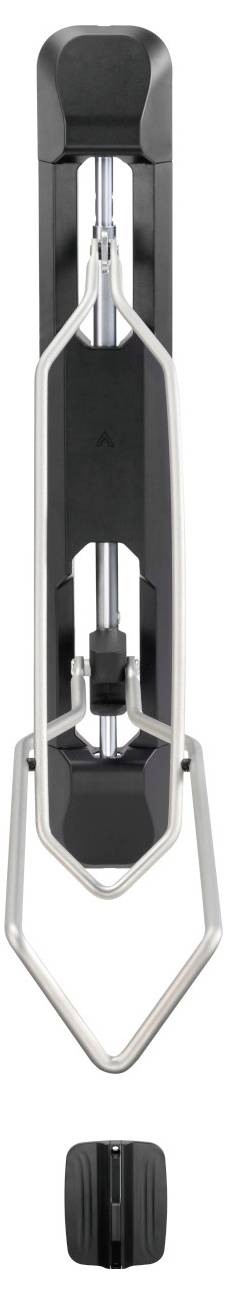 Support-vélo noir vertical avec bras de maintien argentés, adapté pour une installation sur une barre de toit d'automobile. Comprend un bouton rotatif pour le fixation.