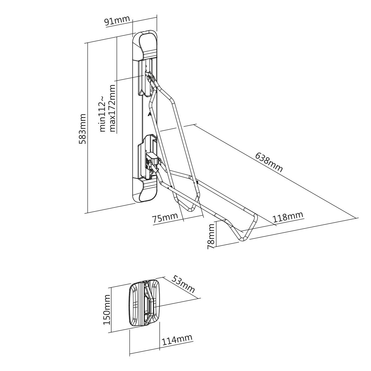 'Dessin technique d'un bras pivotant avec dimensions : 583 mm de hauteur, 638 mm de longueur, 75 mm de largeur, autres indications dimensionnelles pour la fonction et la fixation.'