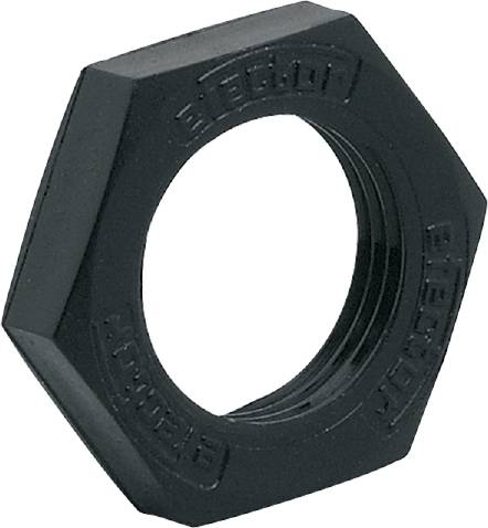 Une écrou hexagonal noir avec une ouverture filetée, positionné sur le côté, sur un fond blanc.