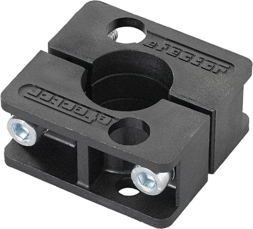 Pièce en plastique noir, rectangulaire, avec deux trous de vis et une ouverture circulaire au centre, probablement destinée à des applications techniques.