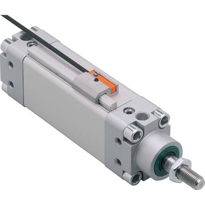 Un vérin pneumatique en gros plan, avec des connexions à vis visibles et une tige de piston pointant vers la droite.