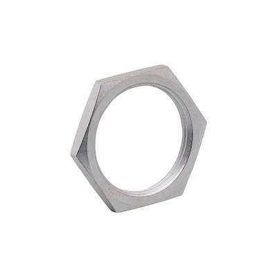 Écrou hexagonal métallique sur fond noir, montrant la surface polie et l'intérieur fileté.