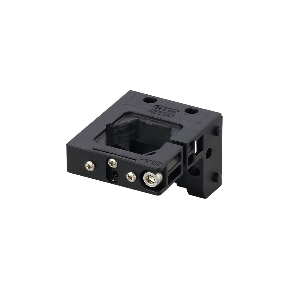 Un composant électronique noir et rectangulaire avec plusieurs trous de vis, sur un fond noir.