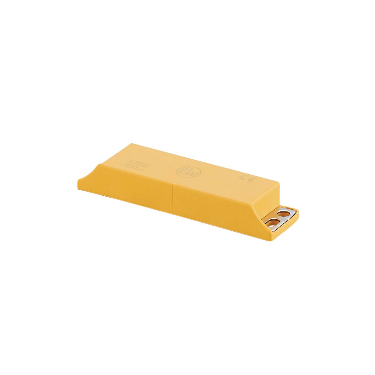 Un capteur rectangulaire jaune aux coins arrondis avec des contacts métalliques sur un fond noir. Principalement utilisé dans des applications industrielles.