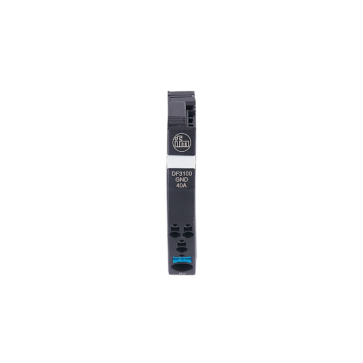 'Capteur électronique noir avec disposition des touches bleue et noire, numéro de modèle DF3100 GND 40A, sur fond noir.'
