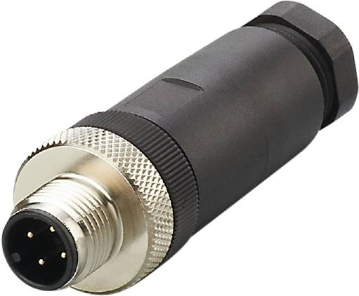 Une fiche électrique noire avec un connecteur métallique rond et plusieurs broches, couramment utilisée dans les environnements industriels pour établir des connexions.