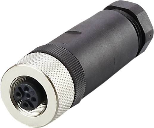 Une fiche noire, ronde, avec quatre broches et un filetage argenté. Adaptée pour les connexions électroniques.