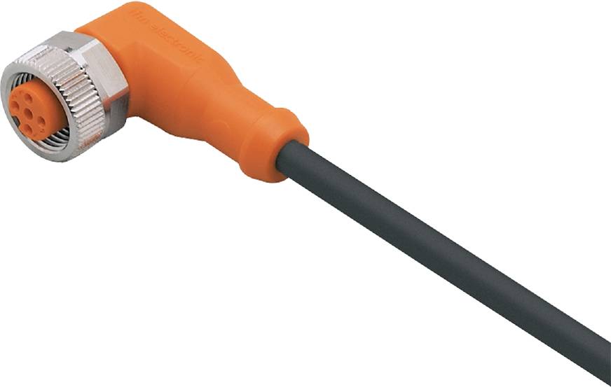 Un boîtier de connecteur industriel orange rectangulaire avec un câble noir fixé à celui-ci.