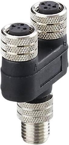 Adaptateur en T noir avec deux connexions argentées à ses extrémités, marquées 'A' et 'B' pour le raccordement d'appareils audio.