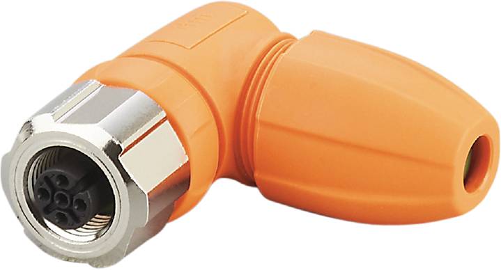 Un connecteur orange avec un filetage métallique, probablement un élément d'un système de câblage ou de tuyauterie.